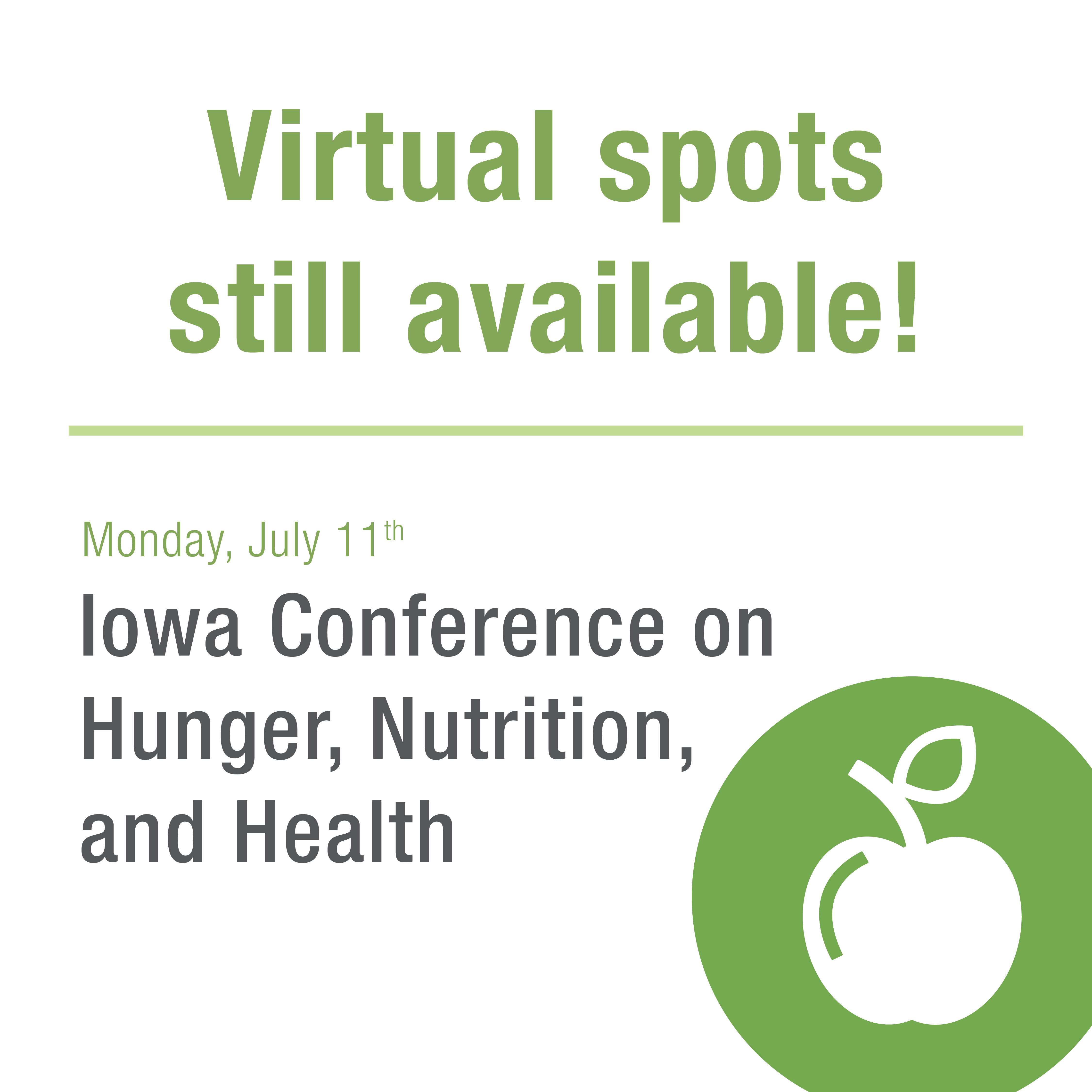 Woman standing at a podium speaking. Text underneath her reads "Monday July 11th. Iowa Conference on Hunger, Nutrition, and Health".