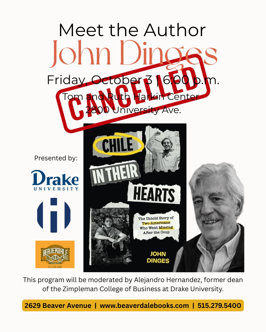 A poster for an author event with John Dinges, with a banner overlayed that says "cancelled"